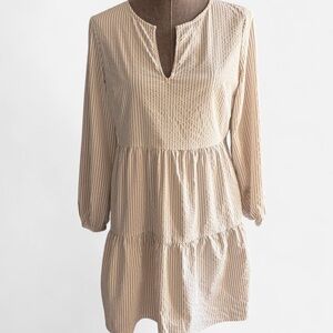 Vineyard Vines Harbor Seersucker Tiered Dress in a khaki stripe pattern
